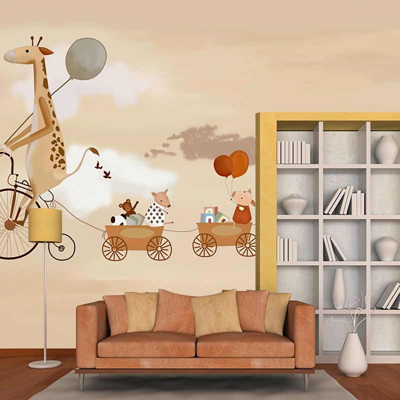 Illustration Animals with Bike Murals Wallpaper for Accent Wall, Brown, Personalised Size