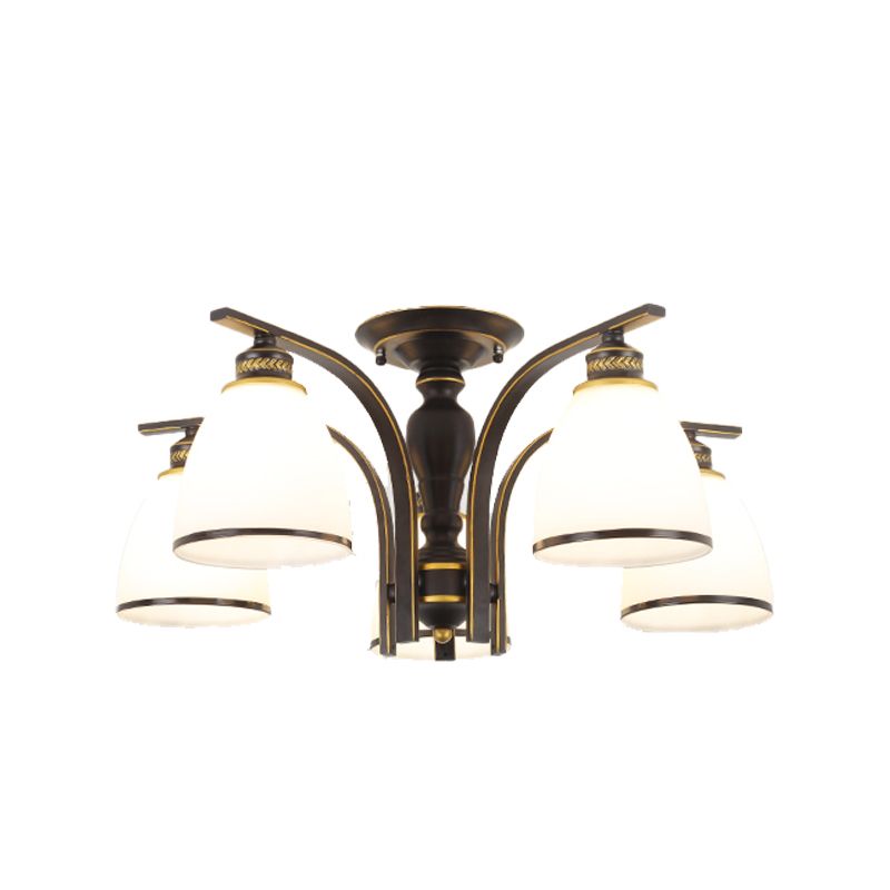 Lampe semi-encastrée en métal noir, éclairage de plafond traditionnel à plusieurs têtes avec abat-jour en verre cloche