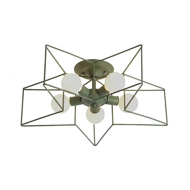 5 Bulbs Semi-Flush Ceiling Fixture with Star Cage Shade Metallic Loft Stylish Indoor Semi Flush Light in Grey/Pink