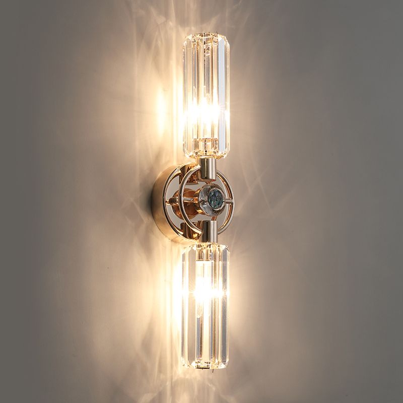 Gold Cylindrical Wall Lamp in Modern Luxury Style Wrought Iron 2-Light Wall Sconce with Crystal Shade