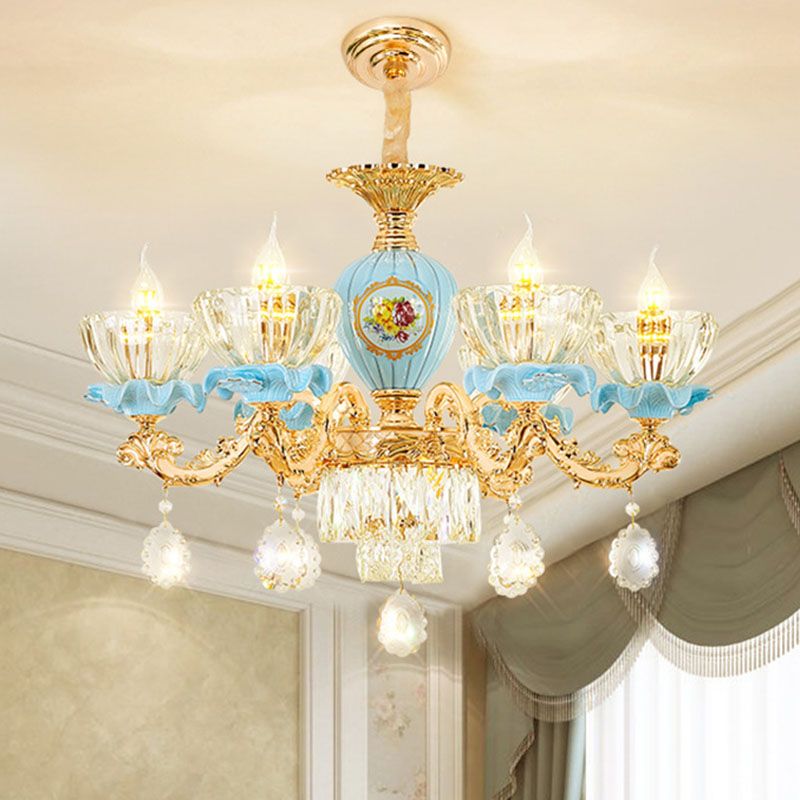 Clear Glass Bowl Chandelier Light Modernist Pendant Lighting Fixture with Crystal Droplet in Gold