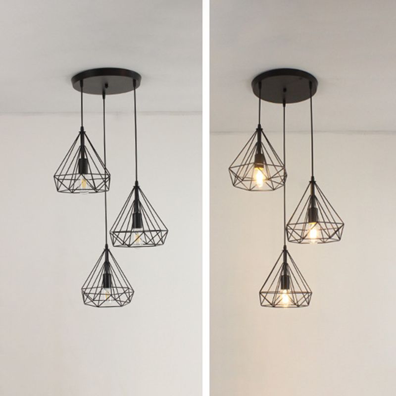 Diamond Iron Cluster Pendant Lighting Post-Modern Restaurant Hanging Lamp in Black