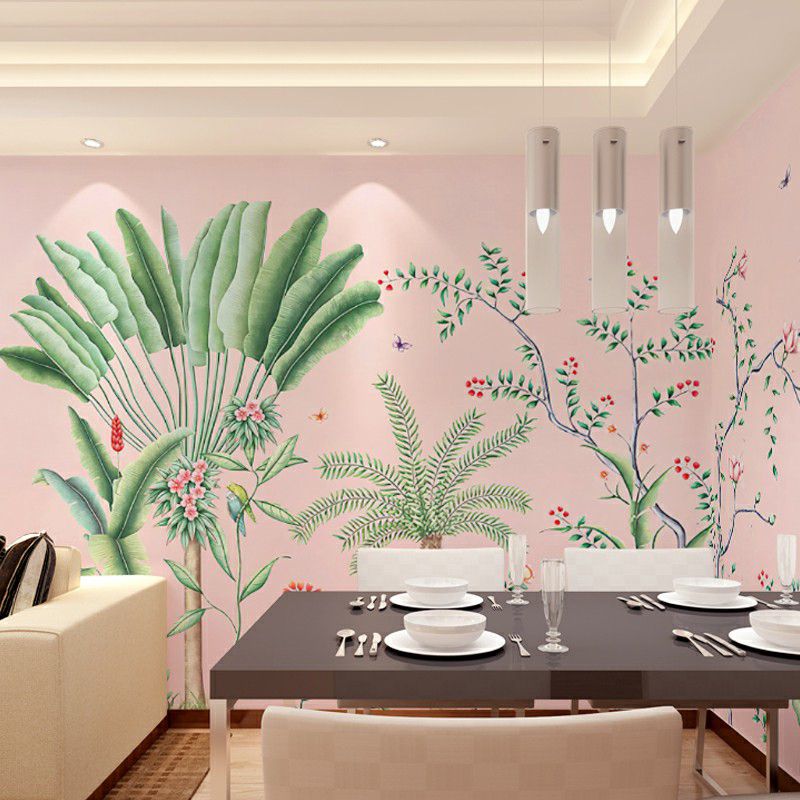 Tropics Plant Wall Murals for Restaurant Personalized Wall Covering in Pink and Green