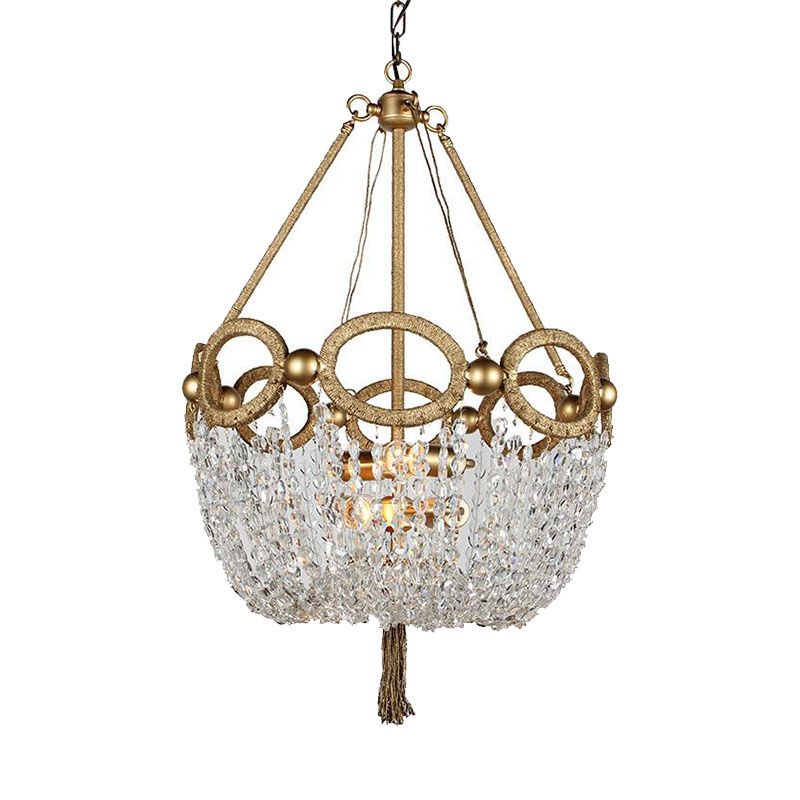 Simple Basket Chandelier Light Fixture 4 Lights Crystal Pendant Lighting in Gold for Living Room