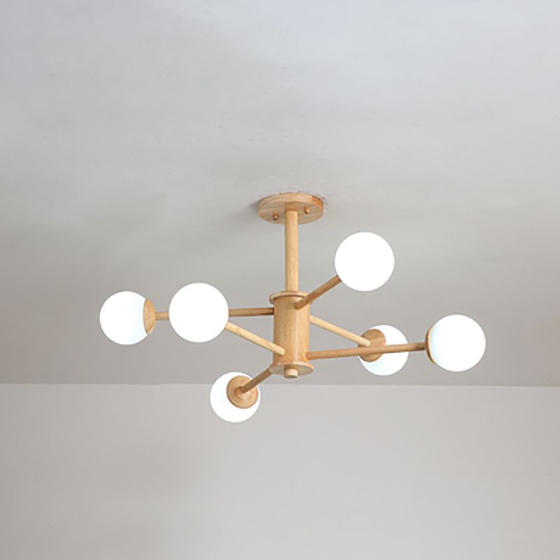 Multi Light Wood Chandelier Modern Globe Chandelier Lamp with White Glass for Living Room