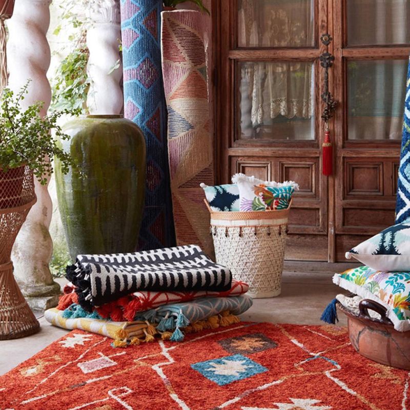 Red Bohemian Area Rug Polyester Americana Pattern Area Carpet Non-Slip Backing Rug for Home Decor