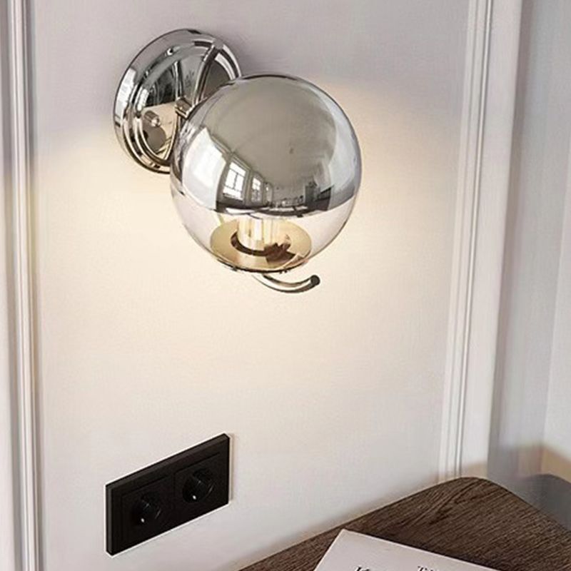 1-Light Modern Wall Lamp Silver Wall Mount Lamp with Glass Shade for Bedroom