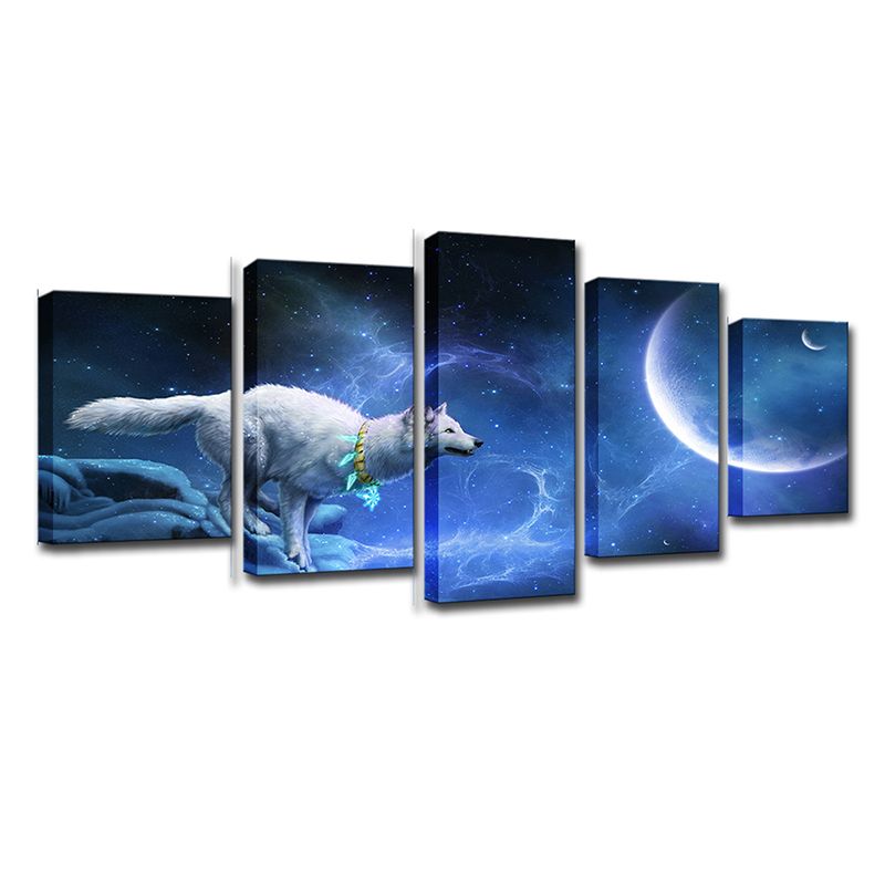 Digital Print Childrens Art Canvas with White Wolf Chasing Moon Night Scenery, Blue
