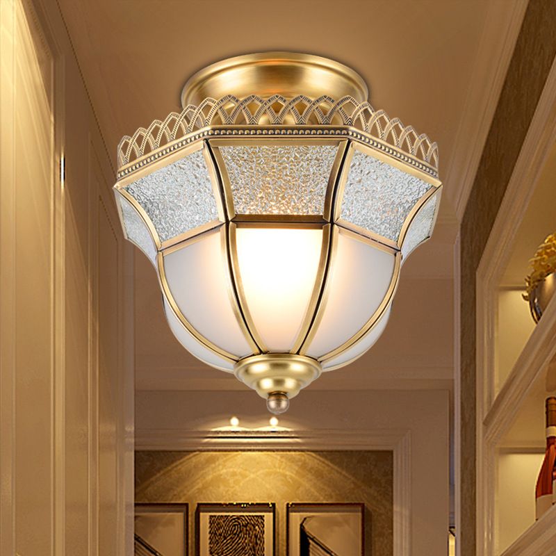 Schoolhouse Aisle Close to Ceiling Lighting Vintage Glass Brass Semi Flush Light