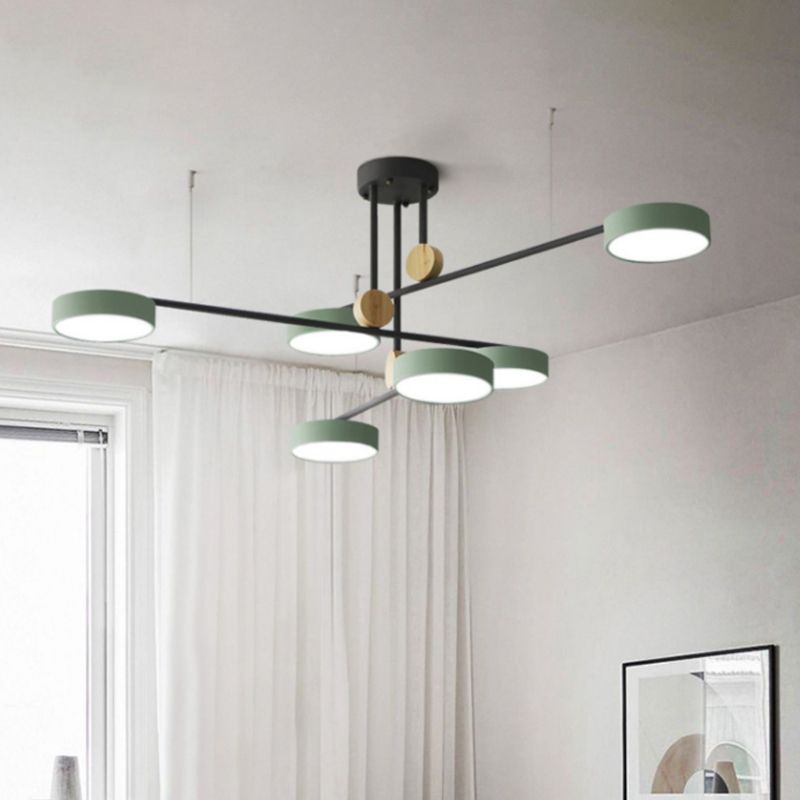 Branch Chandelier Light Fixture Nordic Metal 6 Heads Grey/Green Hanging Lamp with Wood Decor, Warm/White Light