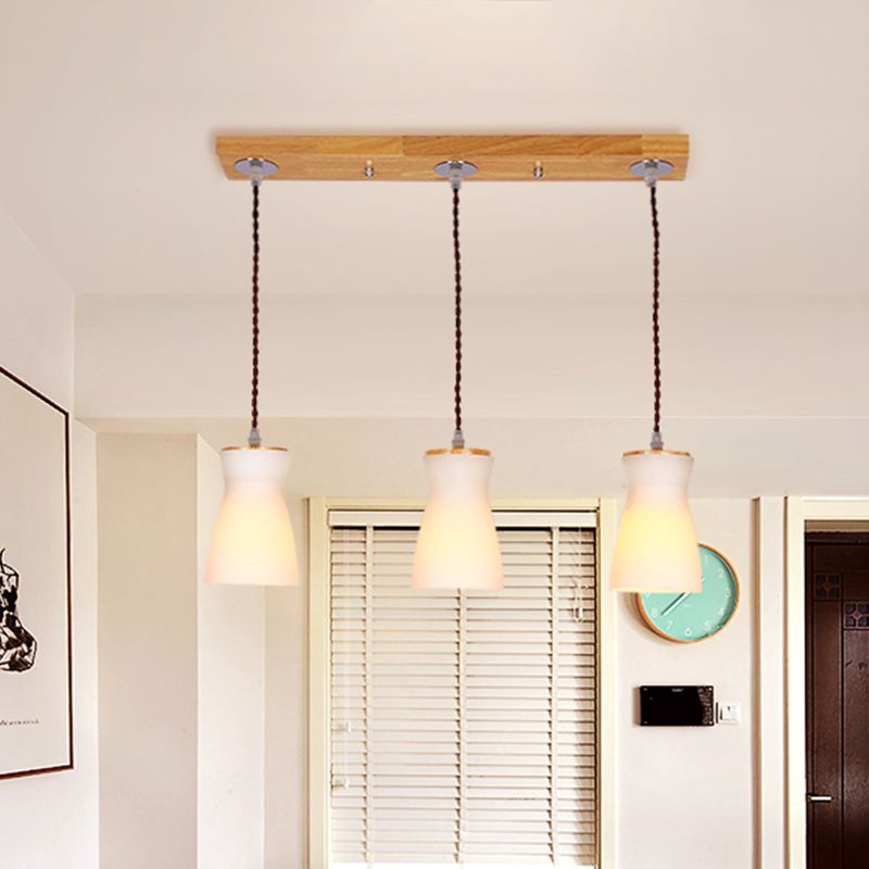 Milk Can Multi Ceiling Light Modernism White Glass 3 Lights Dining Room Hanging Lamp Kit in Wood