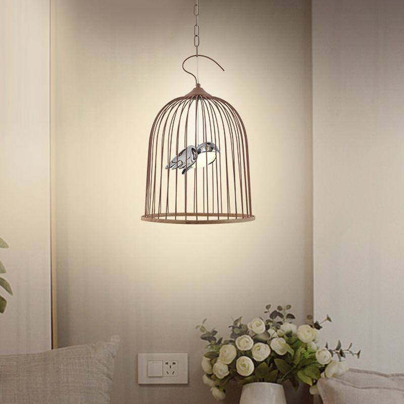 1 Bulb Cage Pendant Lamp Contemporary Metal Suspended Lighting Fixture in Black/Pink with Bird