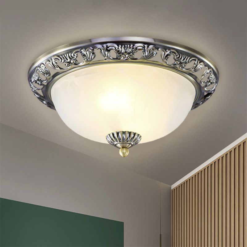 Dome Cream Glass Flush Light Fixture Vintage 2-Bulb Bedroom Ceiling Flush Mount in Brass/Bronze/Copper, 12.5"/15" Width