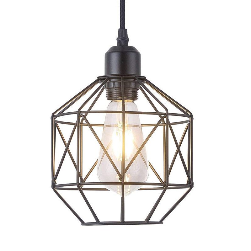 1-Light Prism Cage Pendant Lamp Vintage Black Metal Hanging Light Fixture for Dining Room