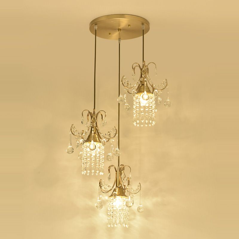 Cylindre Multi-plafond Light Moderniste Crystal Droplet 3 lumières Pendre de salle à manger en laiton