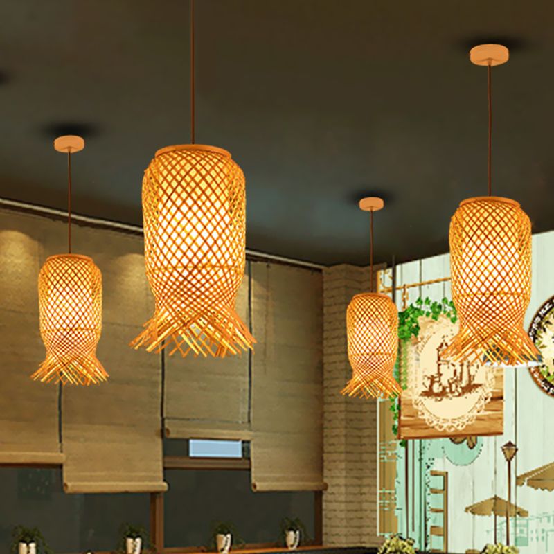 Hand Knitted Bamboo Lantern Drop Light Asian Single Pendant Light in Beige for Restaurant