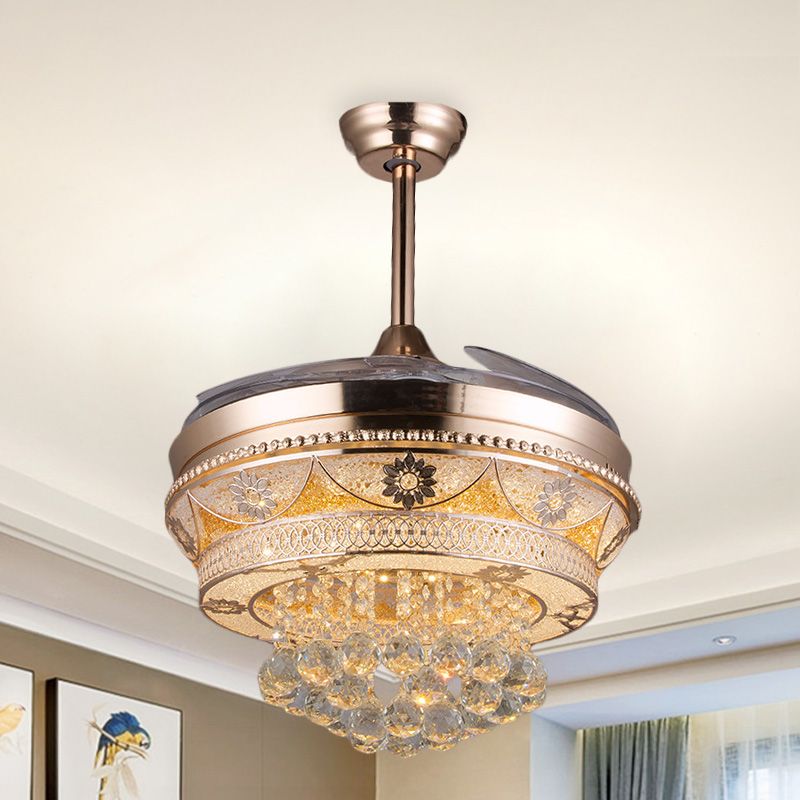 Rosengold -LED -Deckenventilator leichte moderne Kristallrunde Semi -Flush -Halterung mit 3 einziehbaren Klingen, 42,5 "Breite