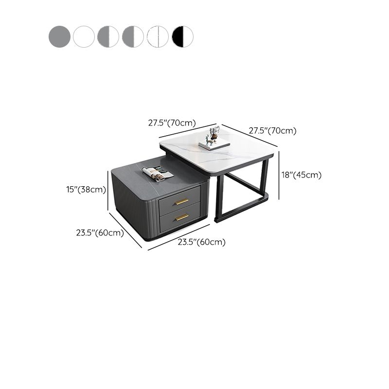 Modern Square Stone Coffee Table with Drawers 2 Nesting Cocktail Table Set