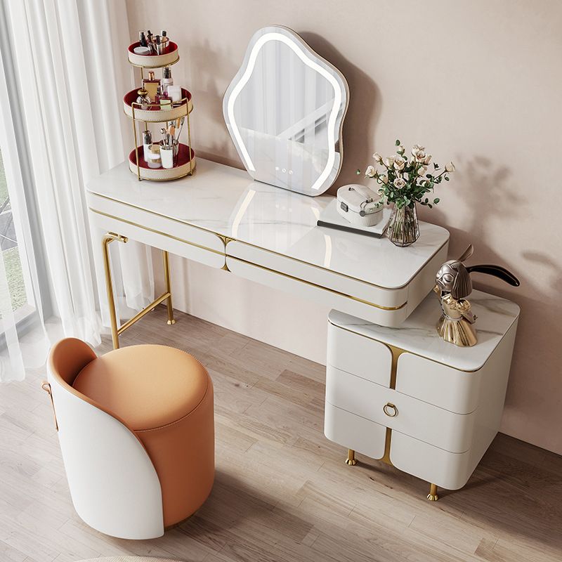 White Glam Vanity Dressing Table Set with Stool & 5 Storage Drawers