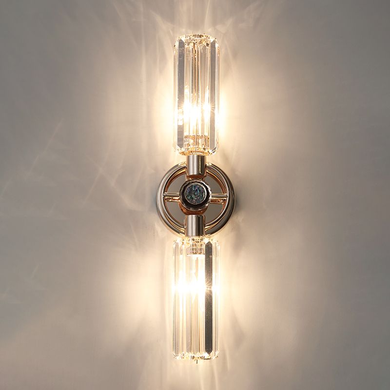 Gold Cylindrical Wall Lamp in Modern Luxury Style Wrought Iron 2-Light Wall Sconce with Crystal Shade