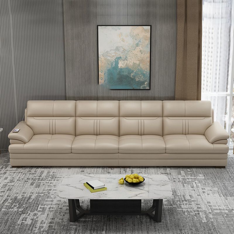 Contemporary Stationary Cream Genuine Leather Recessed Arm Sofa
