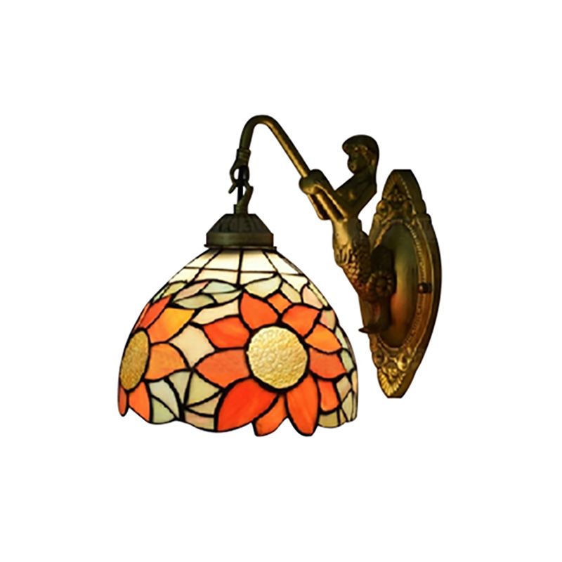 1 Head Hallway Wall Mounted Light Tiffany Orange Sconce Light whit Sunflower Stained Glass Shade