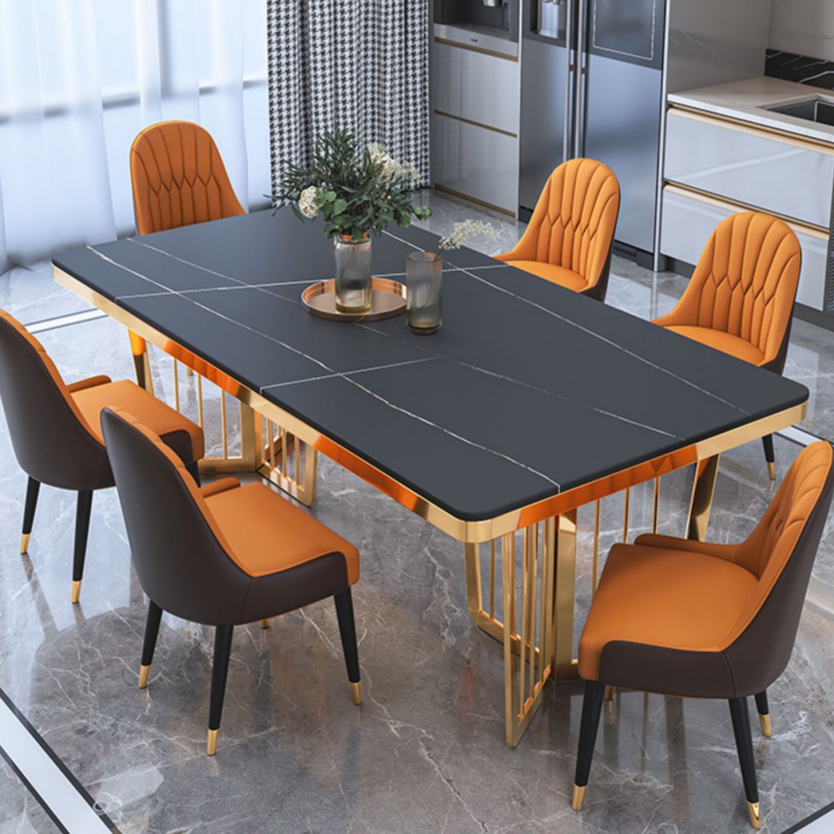 Traditional Luxury Dining Table Black Marble Rectangle Dining Table for Home