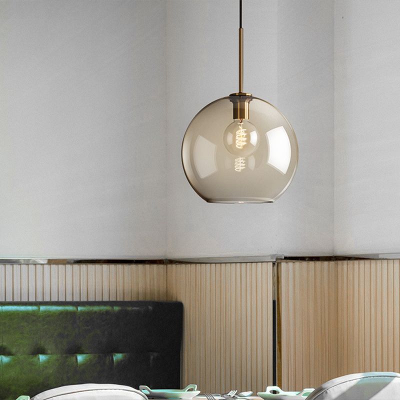 Modern Single Round Pendant Lighting, with Amber Color Glass Shade