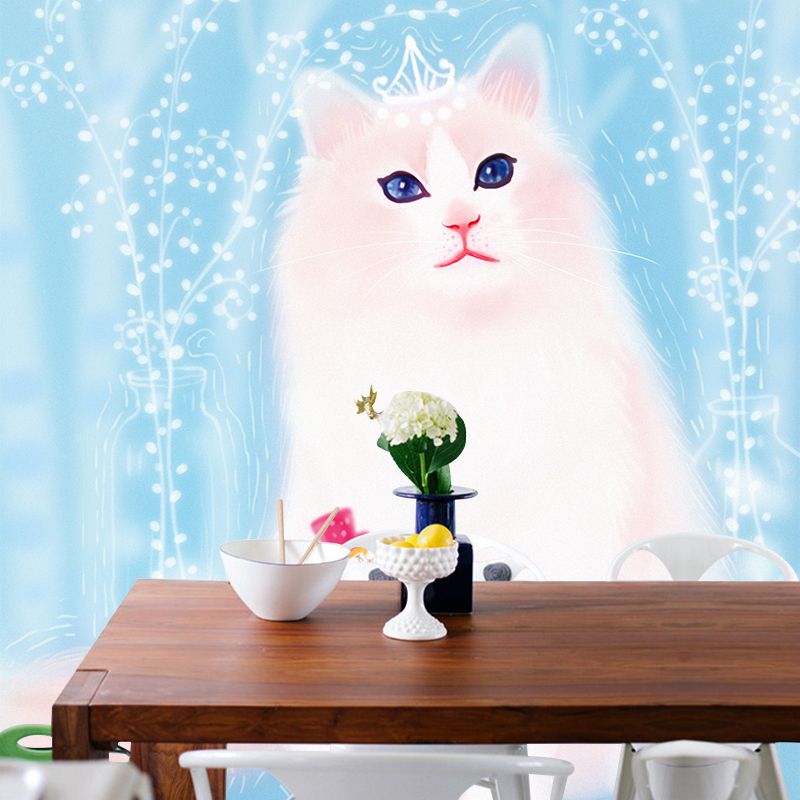 Giant Cat Mural Wallpaper in White on Blue Non-Woven Wall Decor, Stain Proof, Custom Size