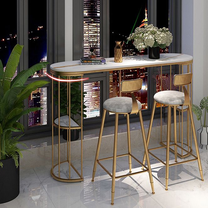 Oval Sintered Stone Bar Table Metal Base Dining Table with Storage Shelves