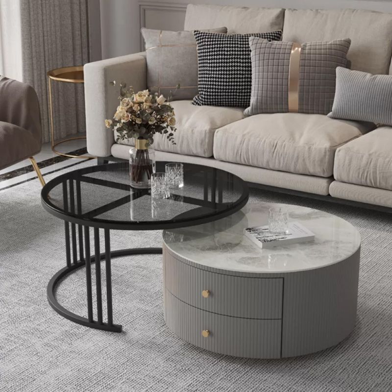 Modern Round End Table Living Room No Distressing Side Table with Drawers