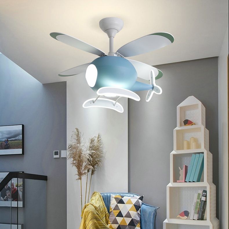 Kids Creative LED Fan Light Wrought Iron Airplane Hanging Lamp with Acrylic Shade