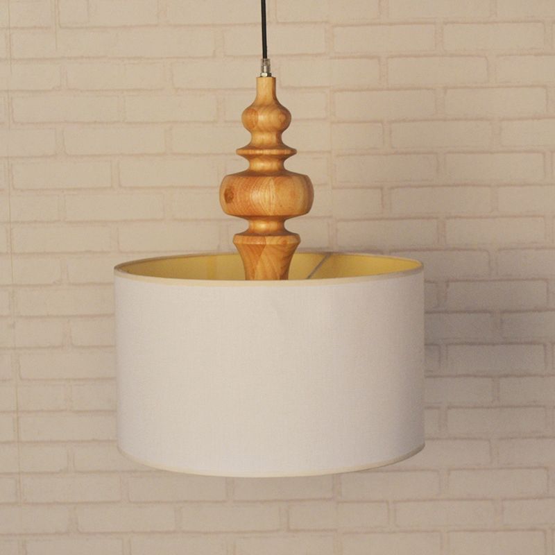 Off White Fabric Shade Chandelier, Adjustable Chain with Wood Accents