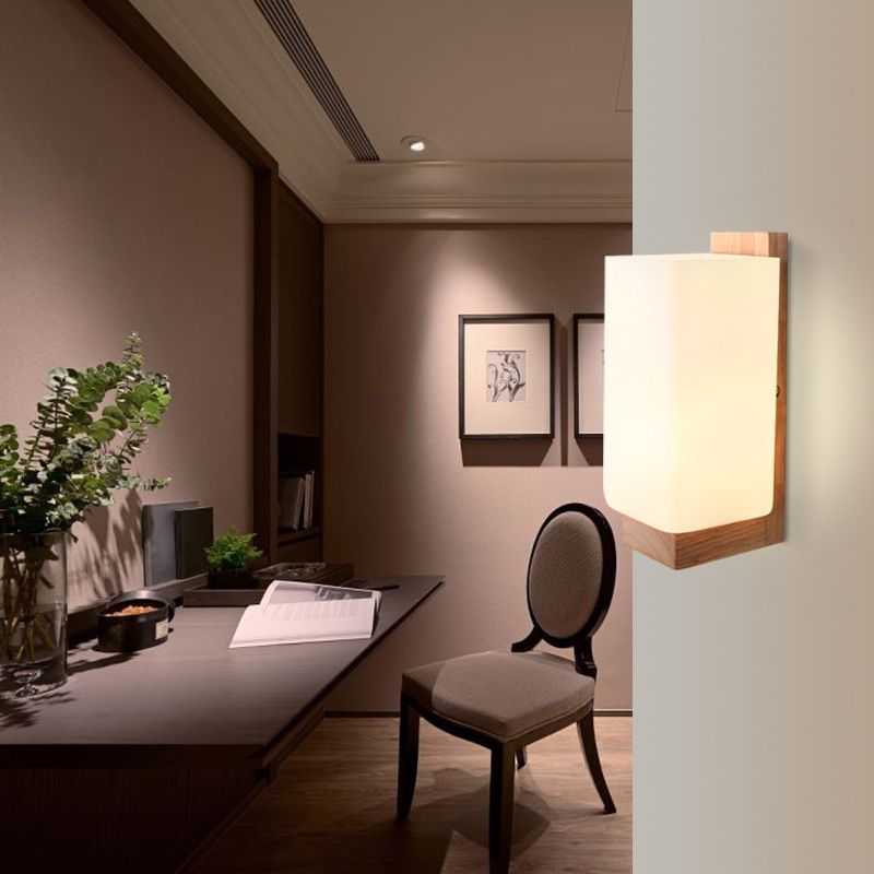 Wooden 1-Light Wall Lamp in Modern Concise Style Rectangular Glass Wall Light for Bedroom