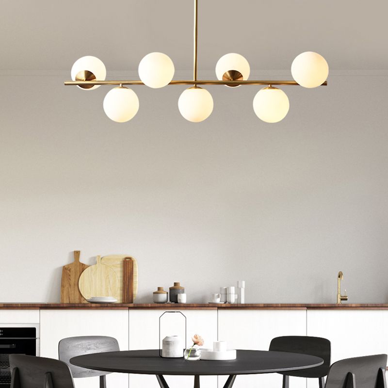 Spherical Dining Room Suspension Lamp Cream Glass 7-Head Postmodern Island Light in Gold