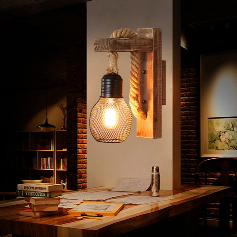 Aplique de pared industrial vintage 1 luz de aplique de cuerda natural para bar cafetería