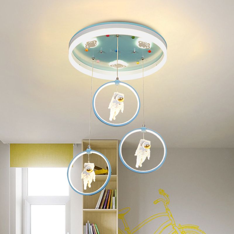Pink/Blue Circle Flush Mount Lamp Kids Metal LED Ceiling Light Fixture with Suspended Princess/Astronaut