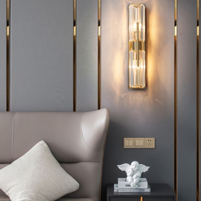 2-Lights Cylindrical Crystal Sconce Lights Electroplated Gold Postmodern Wall Lamp for Living Room