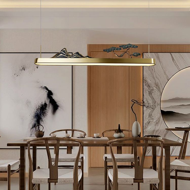 Lumo di lussuoso lussuoso a ciondolo in oro in oro cinese Metal Isola lineare Luce del soffitto per la tè