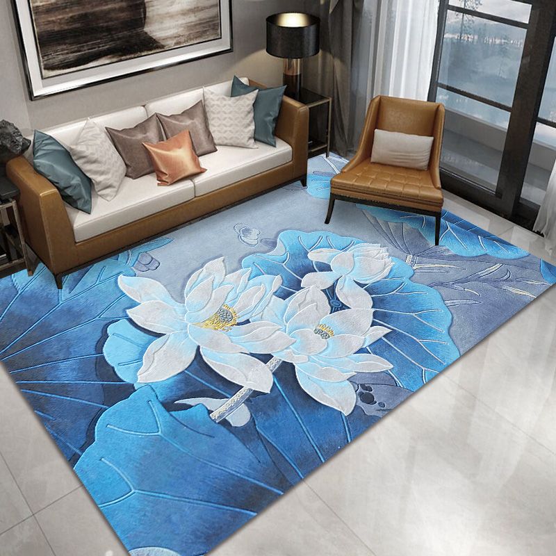 Black Oriental Area Carpet Flower Print Polyester Area Rug Stain Resistant Rug for Home Decor