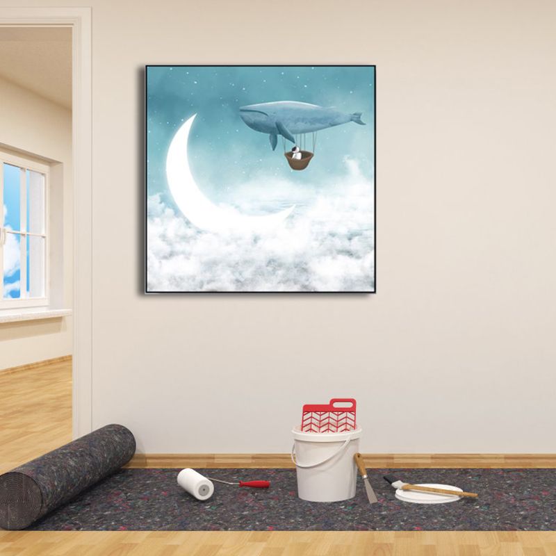 Moon Night Flying Whale Canvas Art Blue Kids Wall Decor for Sitting Room, Textured