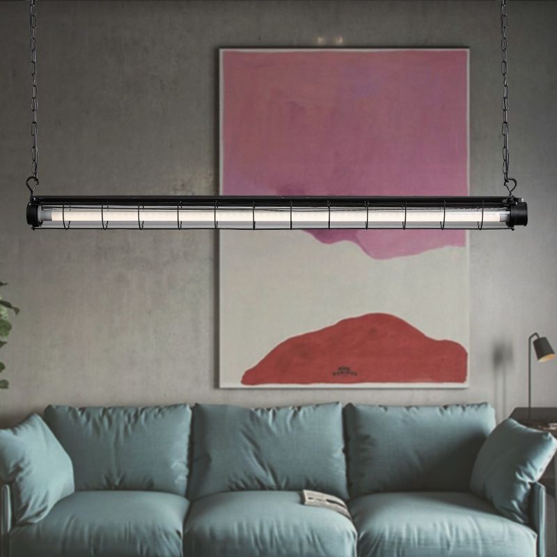 Black Metal Island Light Fixture Industrial Cylinder LED Hanging Lamp with Glass Shade