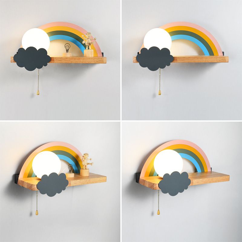 1-Light Round Wall Sconce Modern Simple Wood Style Glass Wall Lighting in Brown