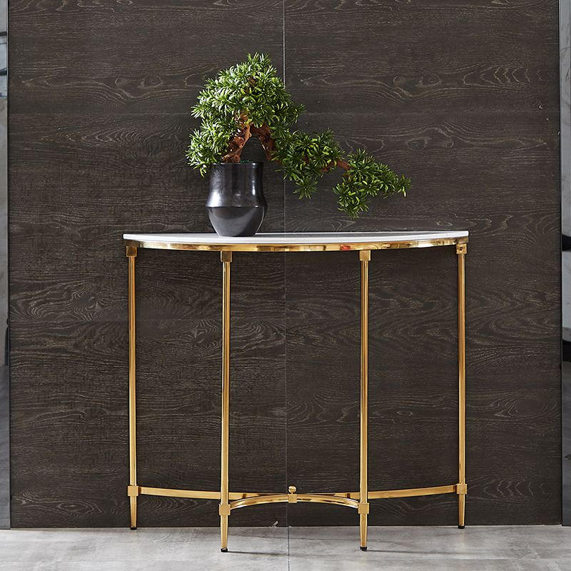 Glam Console Accent Table Antique Finish Half Moon Sofa Console Table in Marble