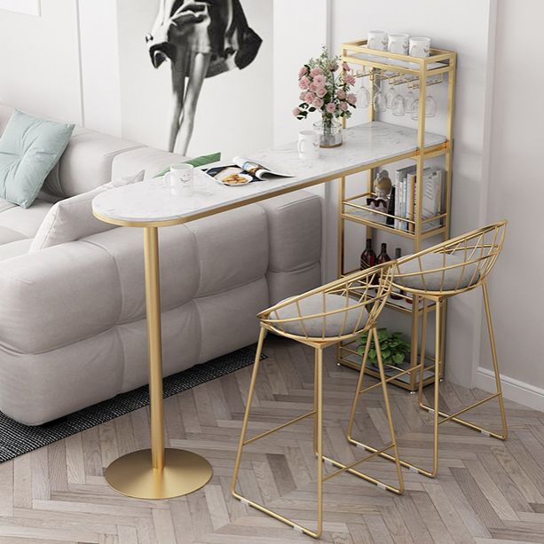 Contemporary Bar Dining Table Indoor Marble Top Bar Table Iron Base with Shelves