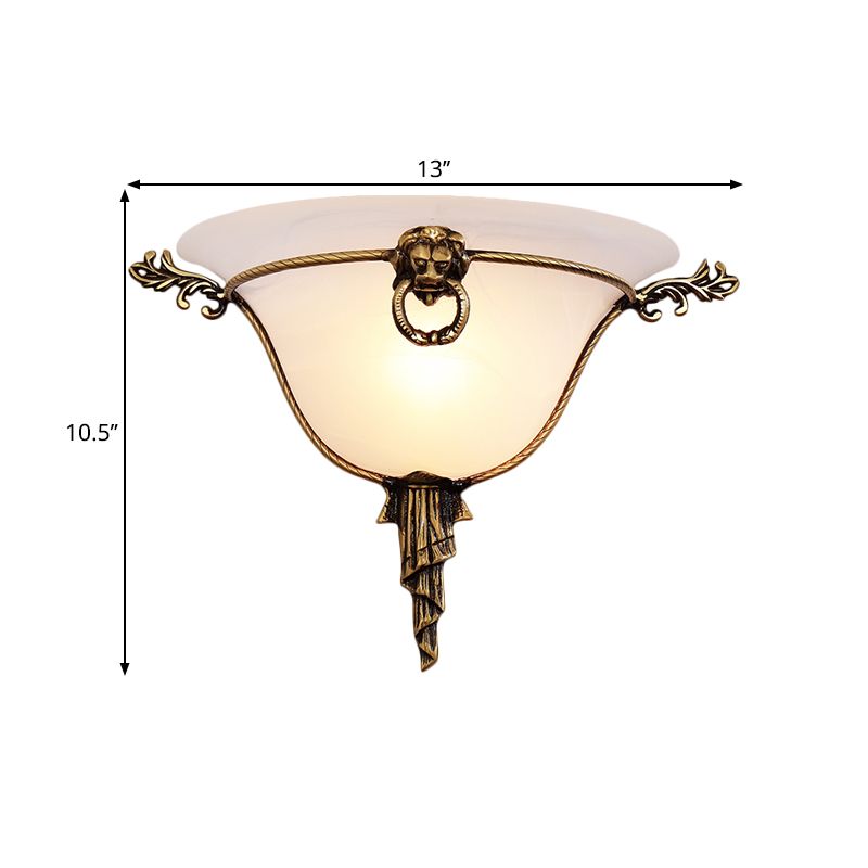 1-Head Domed Sconce Light Traditional Brass Frosted Glass Wall Mount Lighting for Corridor