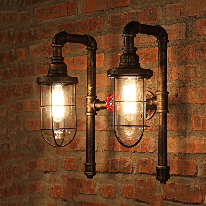 Luce di applique a filo nautico con tonalità in vetro trasparente interno e valvola 2 lampadina illuminazione a parete di ferro in ottone invecchiato