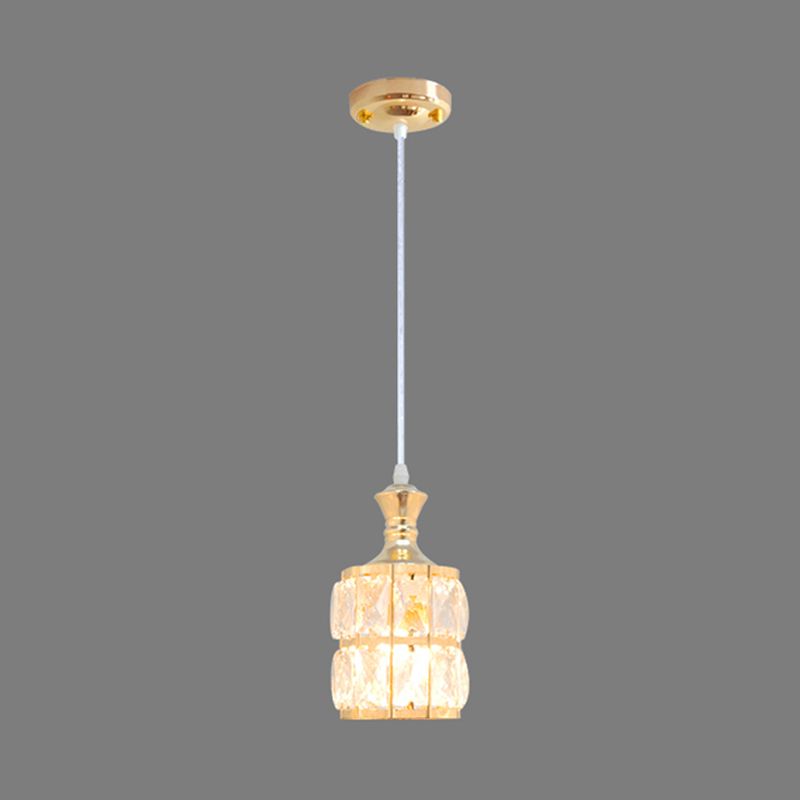 Modern Cylinder Hanging Lamp Kit Crystal Block 1 Head Dining Room Pendulum Light in Gold