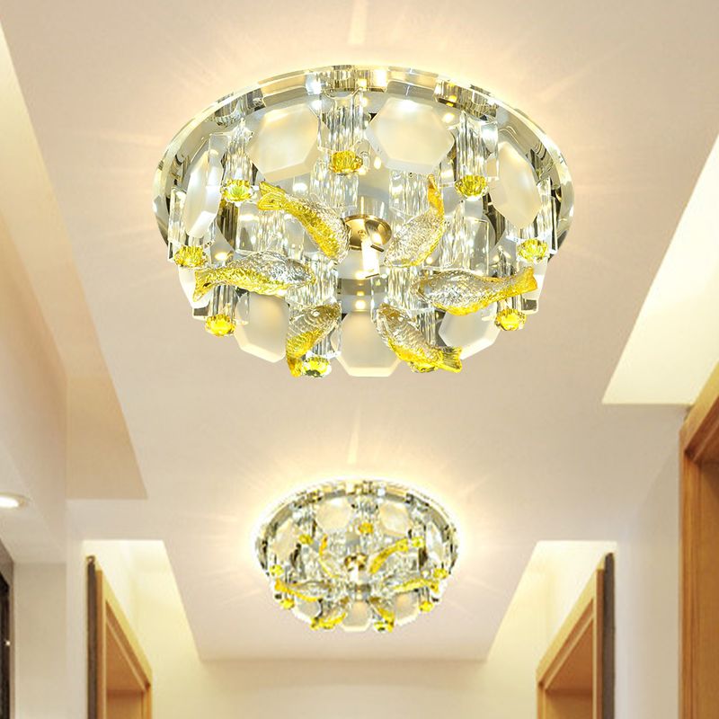 Yellow Fish Small Flushmount Lamp Modern Crystal Corridor LED Close to Ceiling Light, 7"/9.5" Wide