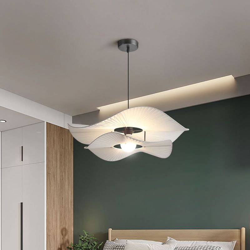White Ruffled Suspension Lamp Minimalism 1 Bulb Fabric Pendant Light Fixture for Bedroom